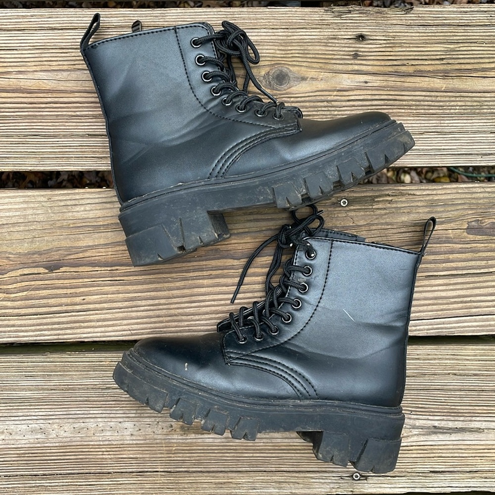 Black Faux Leather Lace-up Ankle Combat Boots